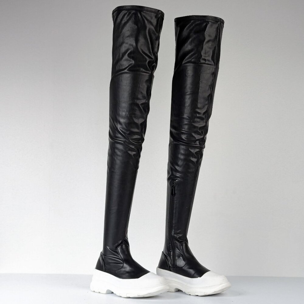 Azalea Wang Wmn Way Vegan Leather Stretch Platform Thigh High Festival Boots 7.5